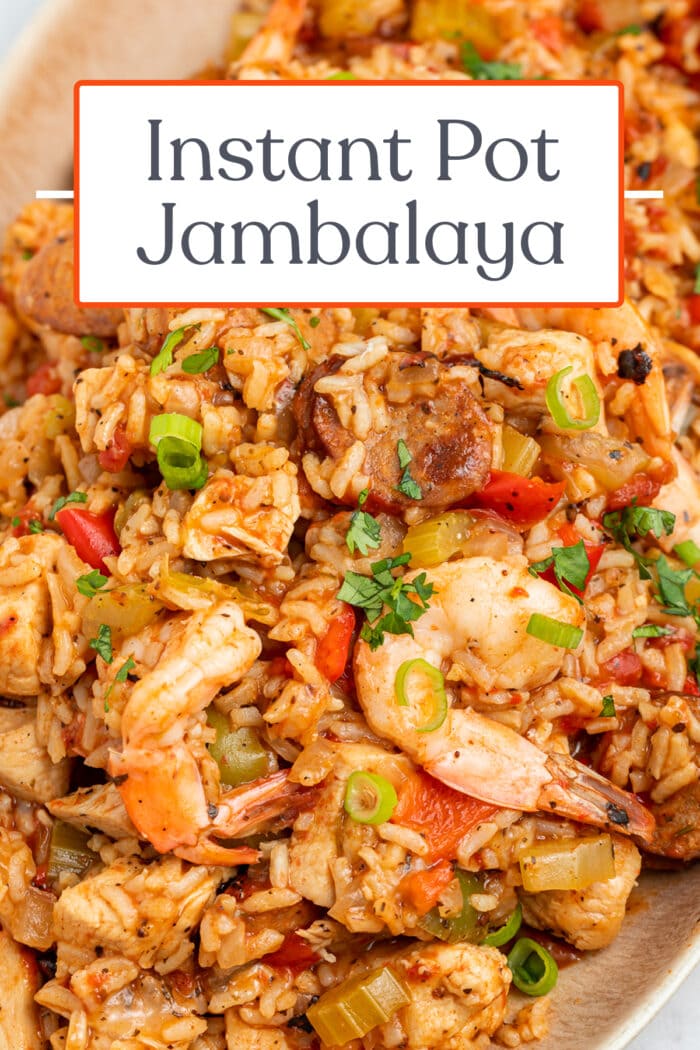 Pin graphic for Instant Pot jambalaya