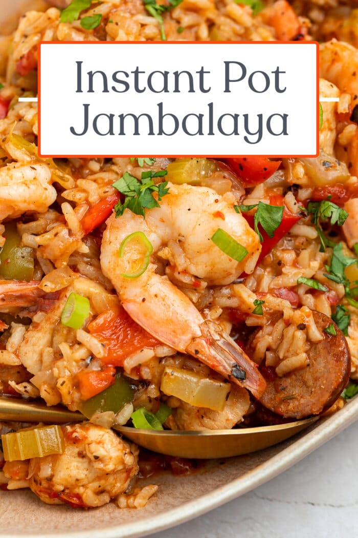 Pin graphic for Instant Pot jambalaya