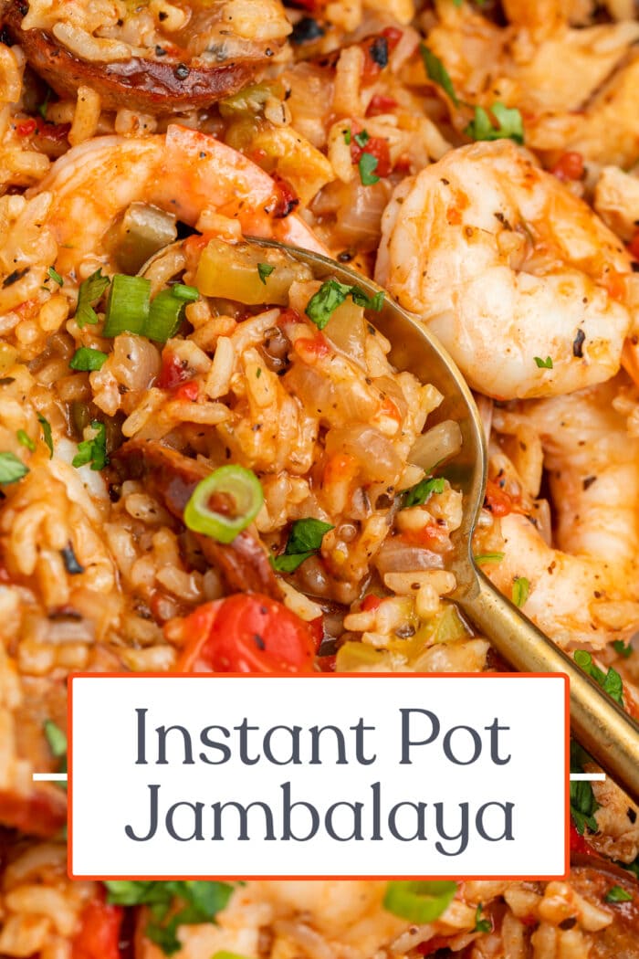 Pin graphic for Instant Pot jambalaya