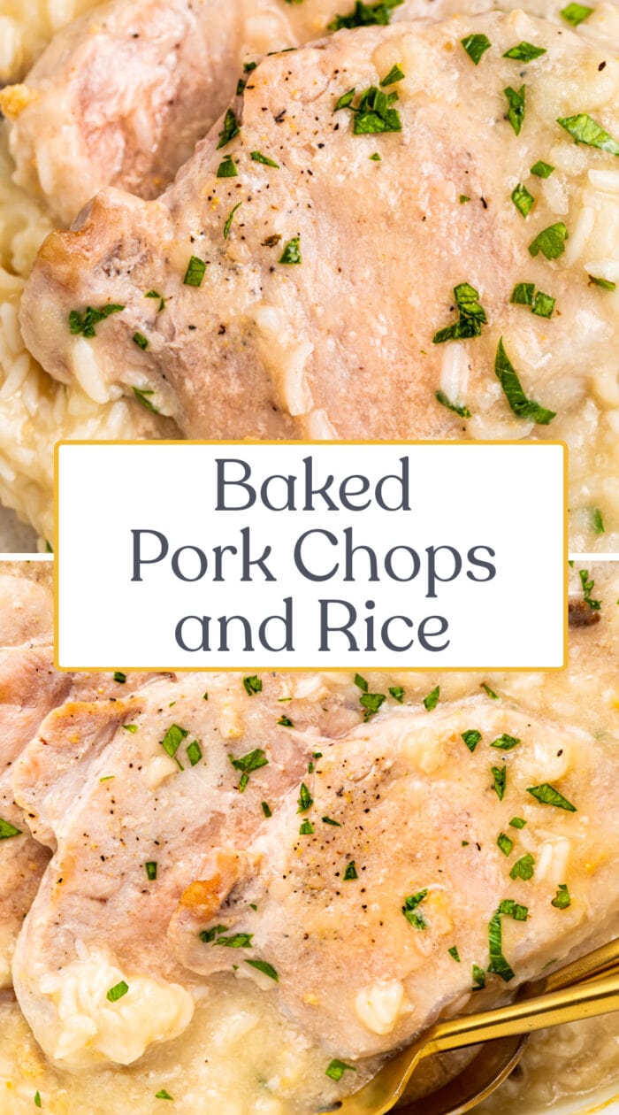 Pin graphic for pork chops and rice