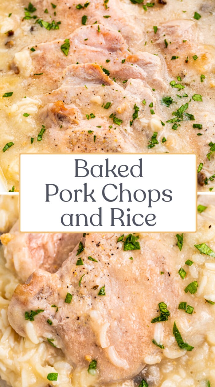 Pin graphic for pork chops and rice