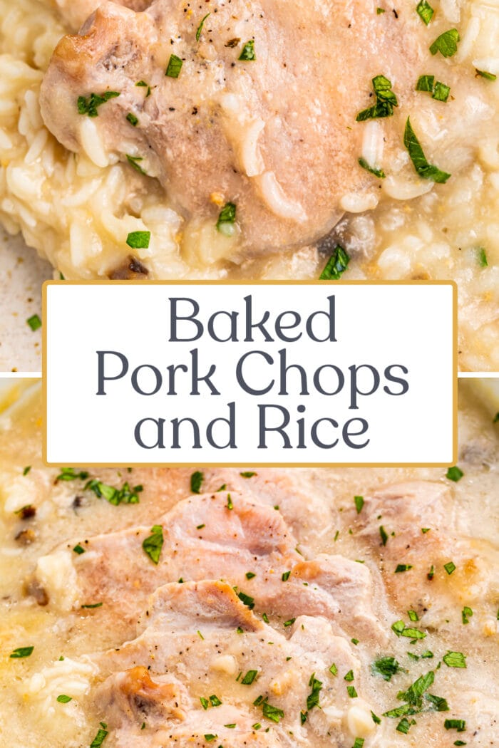 Pin graphic for pork chops and rice