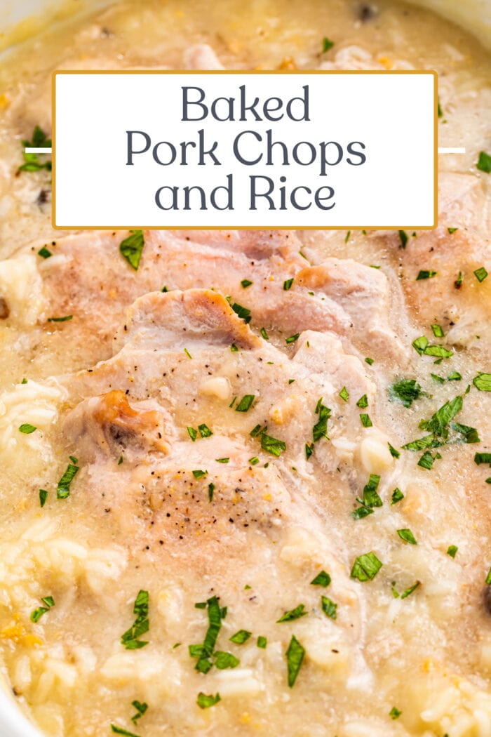 Pin graphic for pork chops and rice