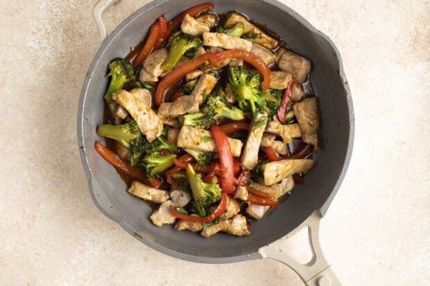 Pork stir fry in large skillet