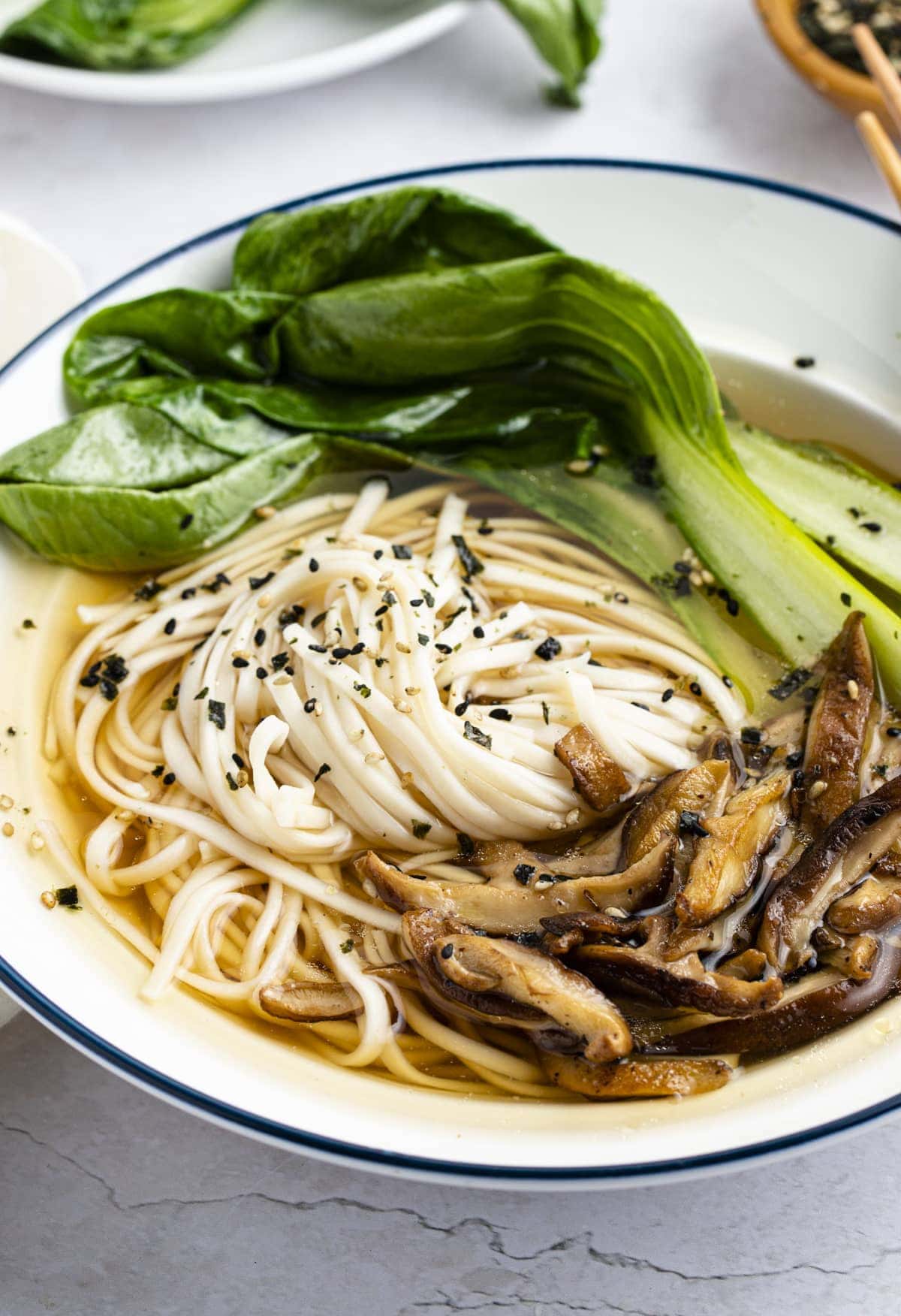 Udon soup in a bowl with blue trim