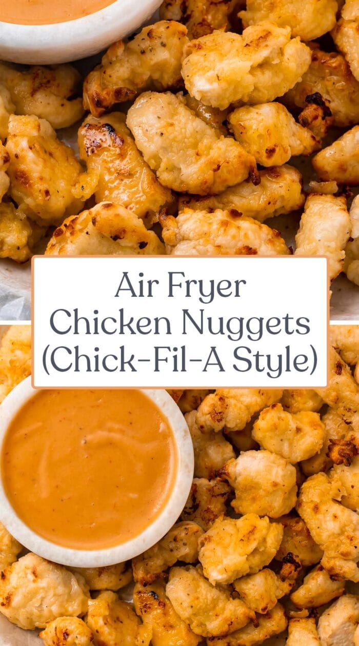 Pin graphic for air fryer chicken nuggets