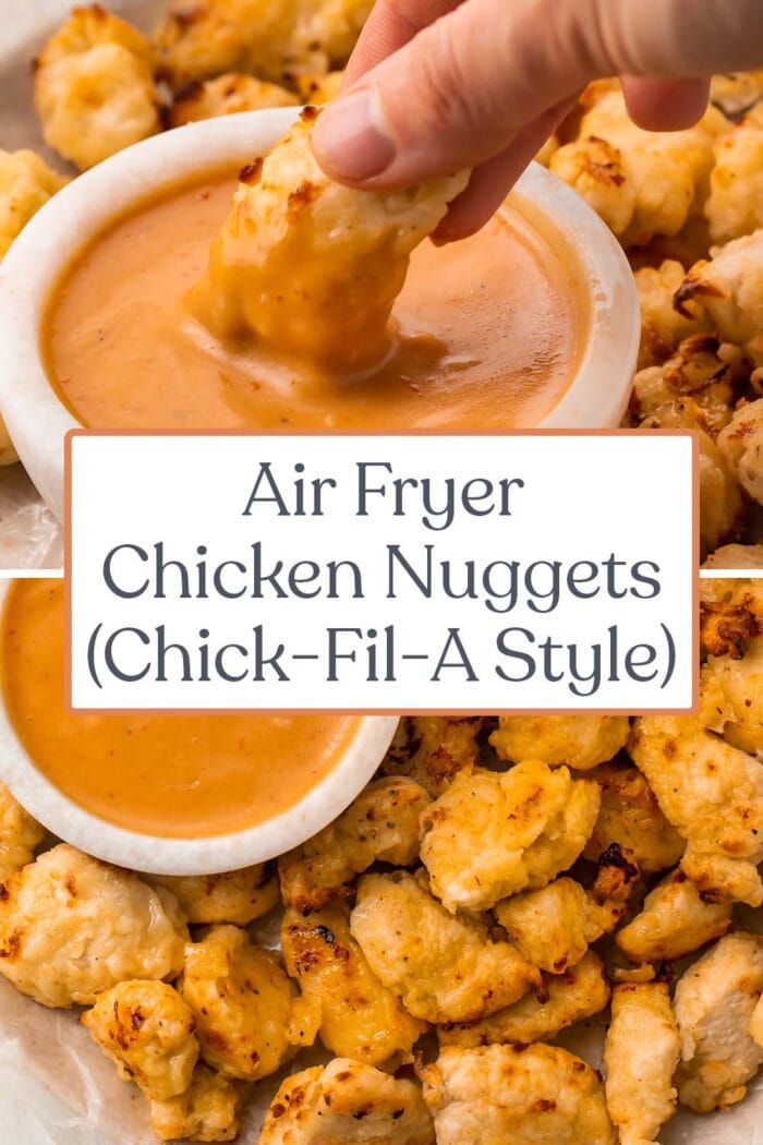 Pin graphic for air fryer chicken nuggets