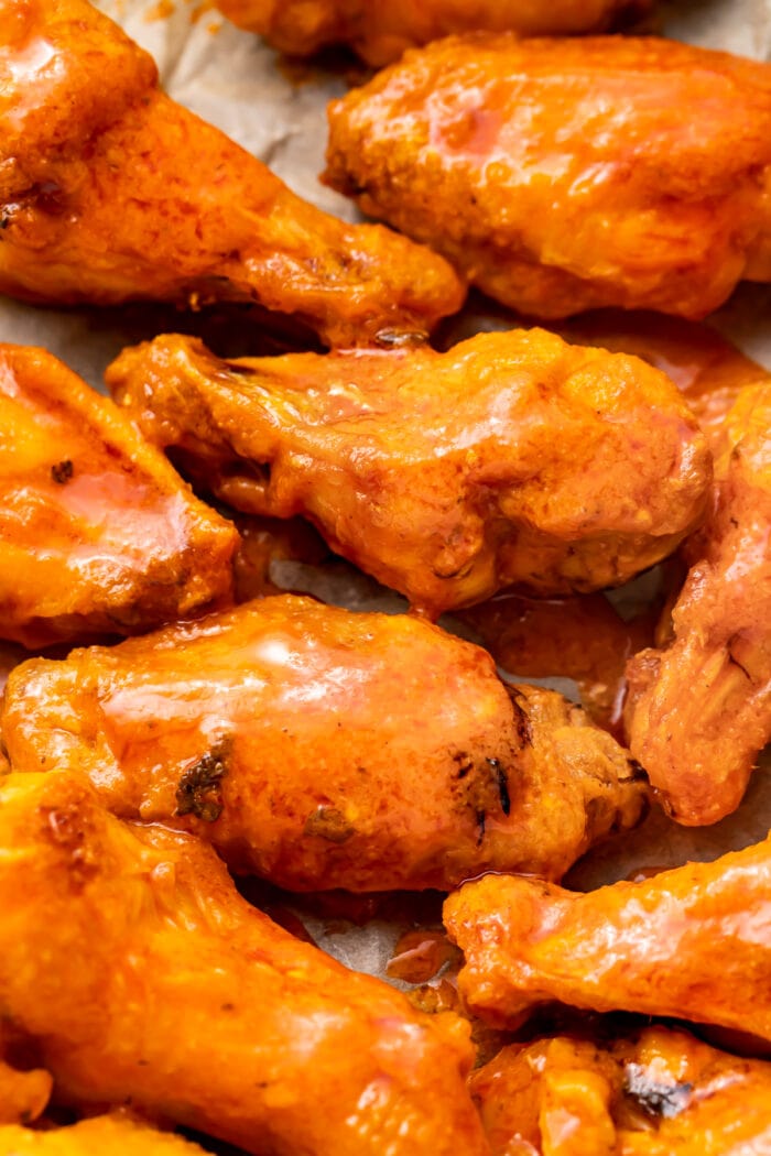 Extreme close up of air fryer frozen chicken wings