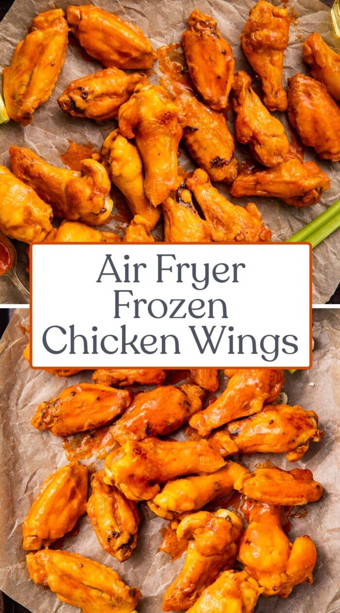 Pin graphic for air fryer frozen chicken wings