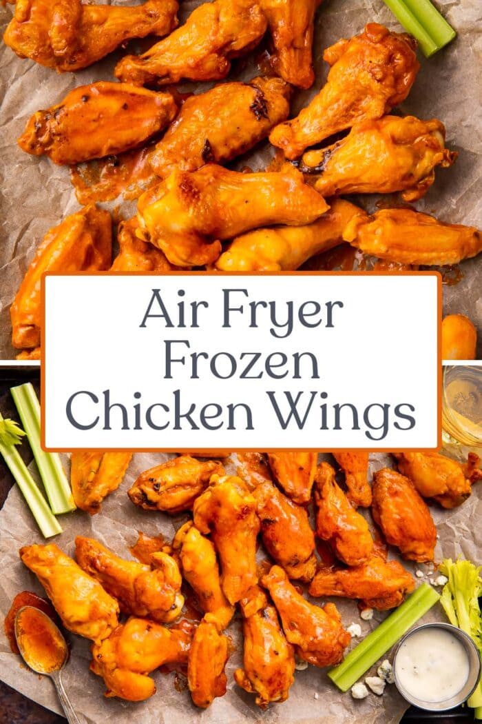 Pin graphic for air fryer frozen chicken wings