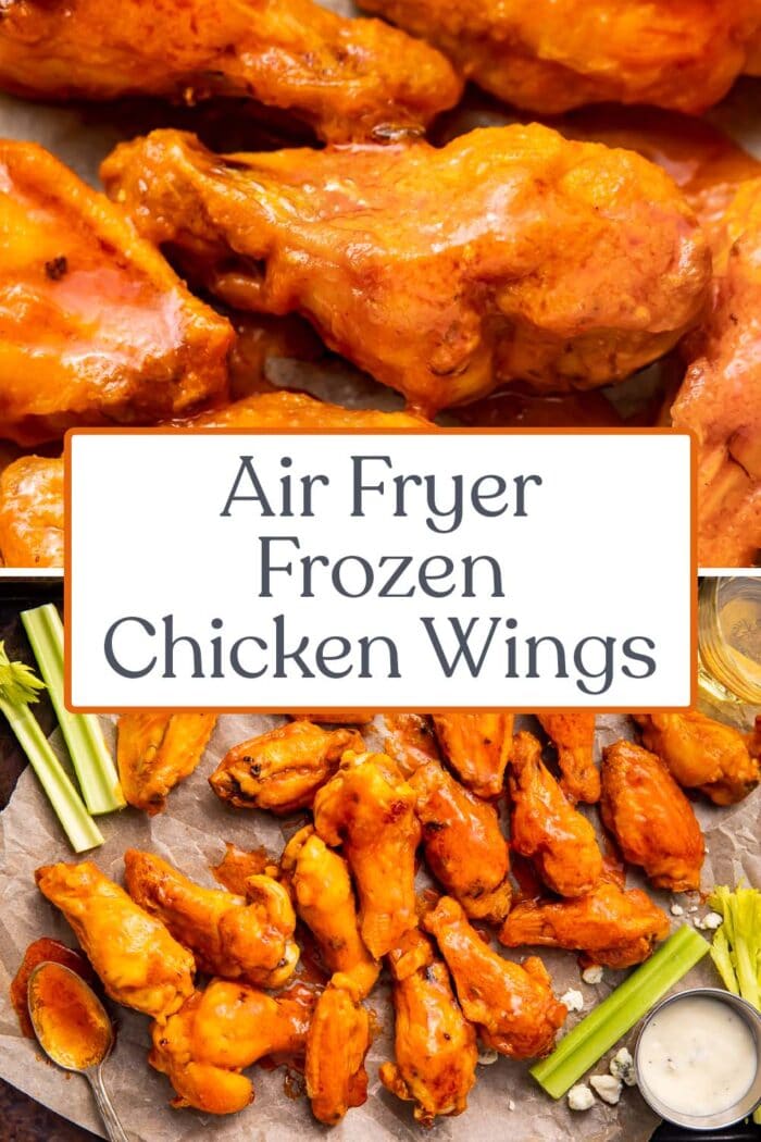 Pin graphic for air fryer frozen chicken wings