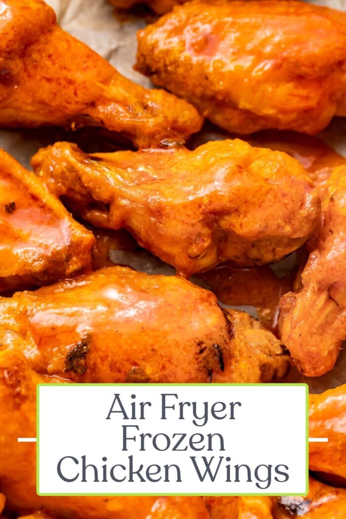 Pin graphic for air fryer frozen chicken wings