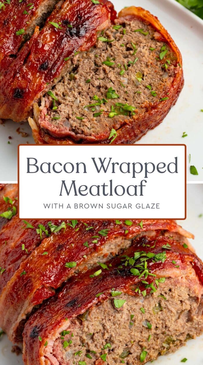 Pin graphic for bacon wrapped meatloaf