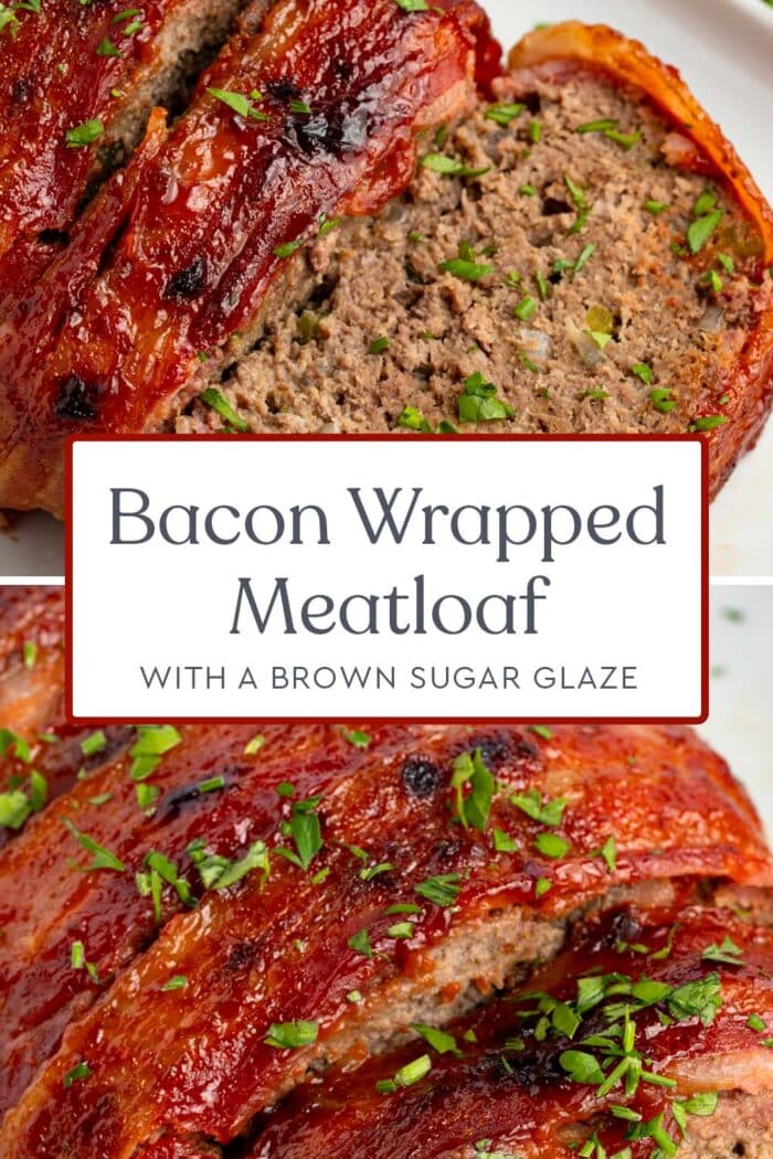 Pin graphic for bacon wrapped meatloaf