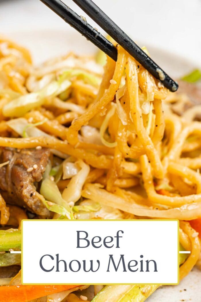 Pin graphic for beef chow mein