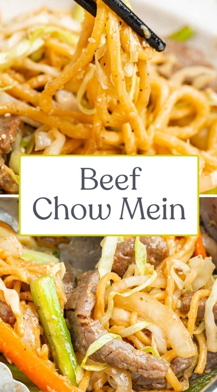 Pin graphic for beef chow mein