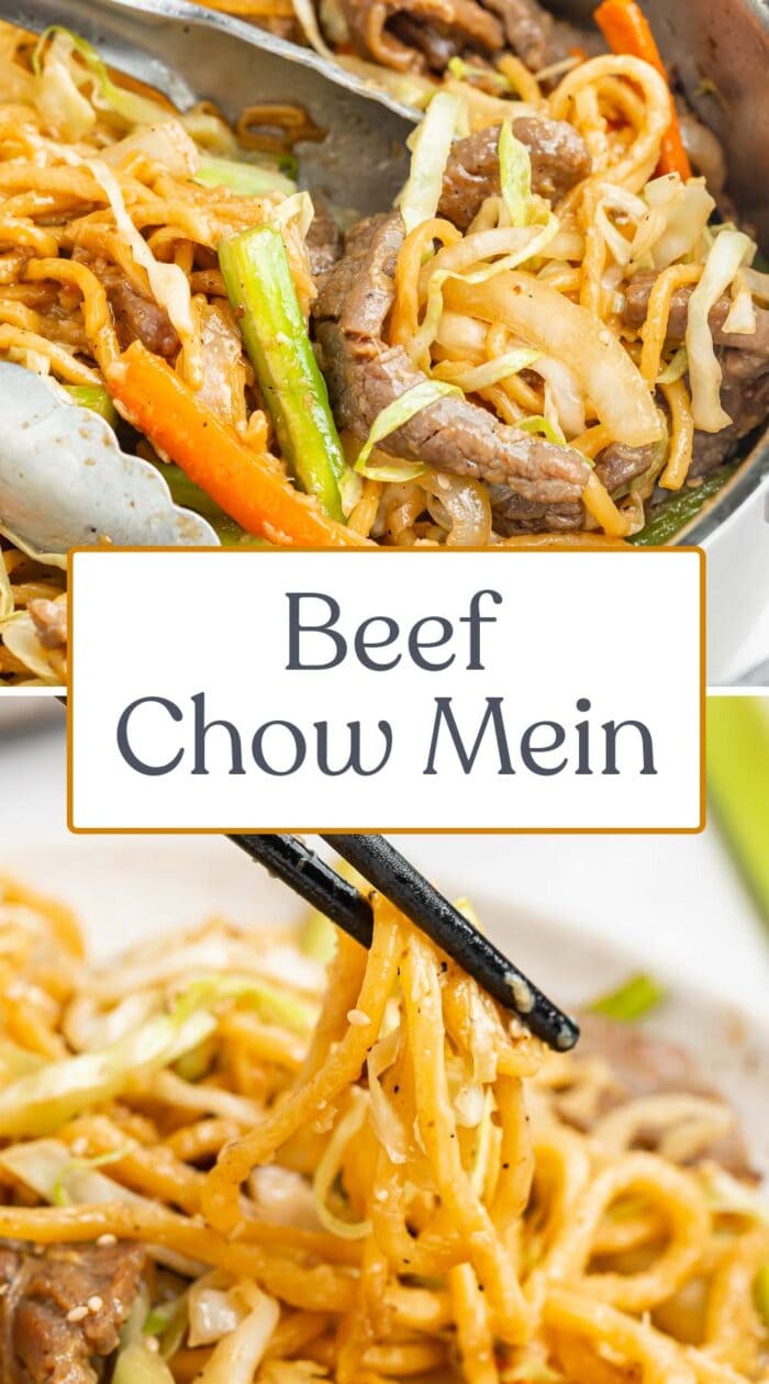 Pin graphic for beef chow mein