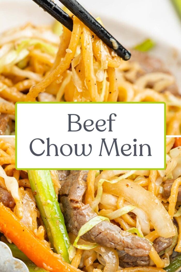 Pin graphic for beef chow mein