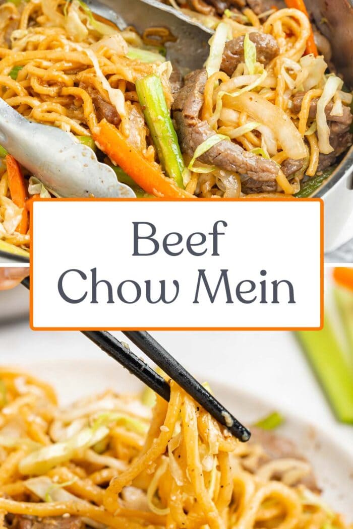 Pin graphic for beef chow mein