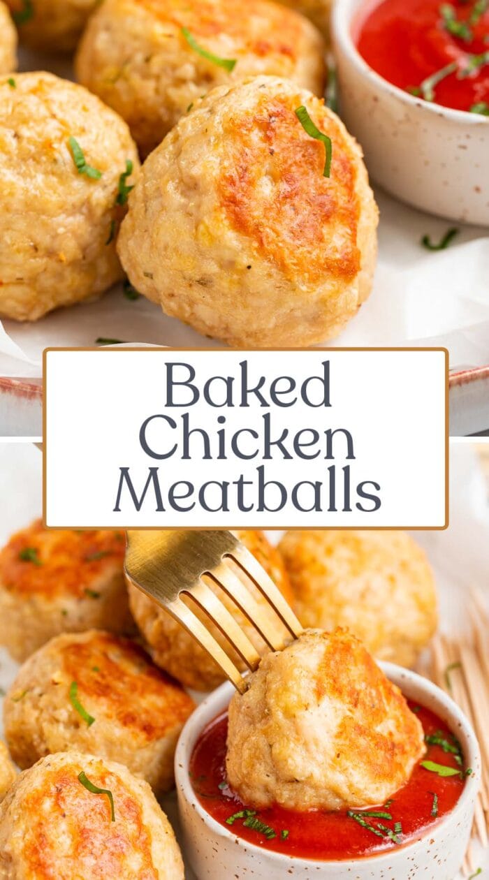 Pin graphic for baked chicken meatballs