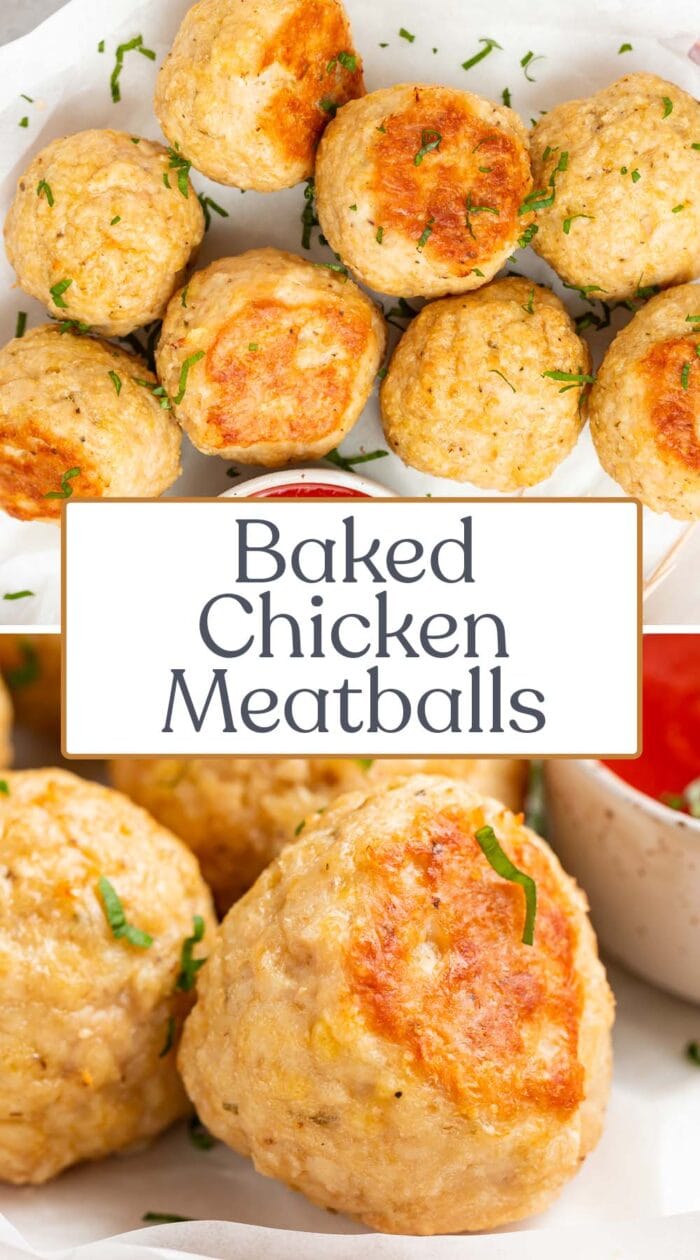 Pin graphic for baked chicken meatballs