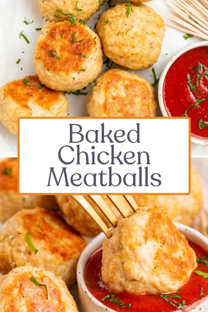 Pin graphic for baked chicken meatballs