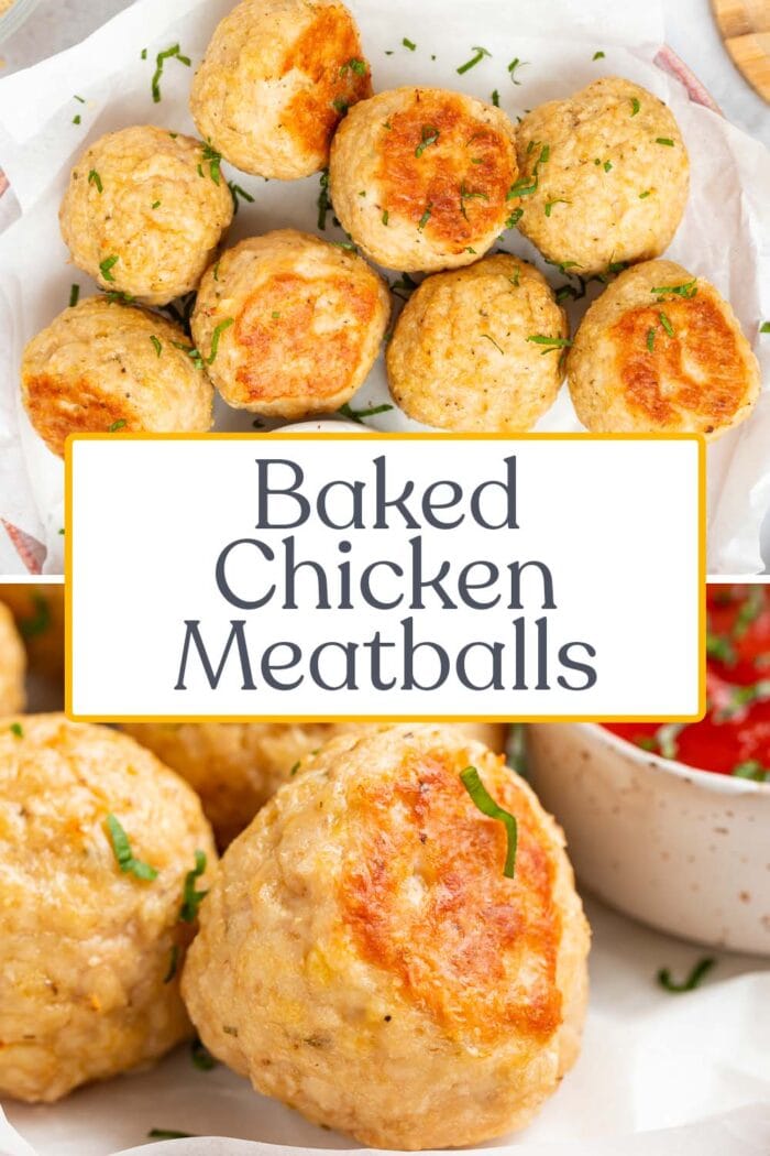 Pin graphic for baked chicken meatballs