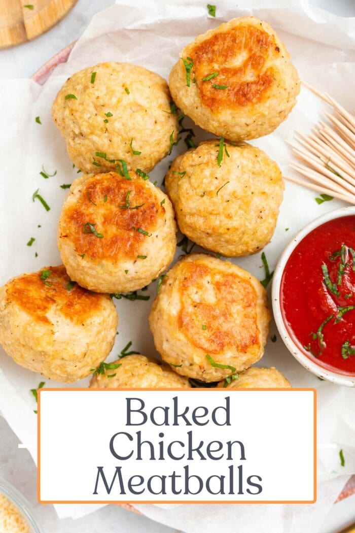 Pin graphic for baked chicken meatballs