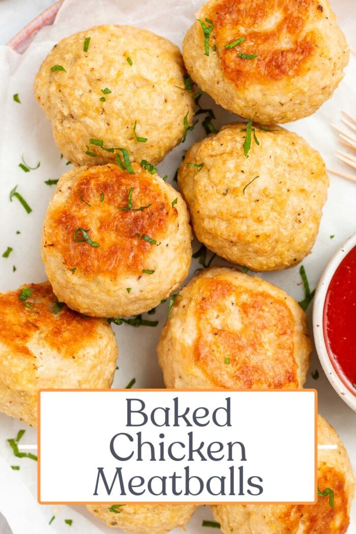 Pin graphic for baked chicken meatballs