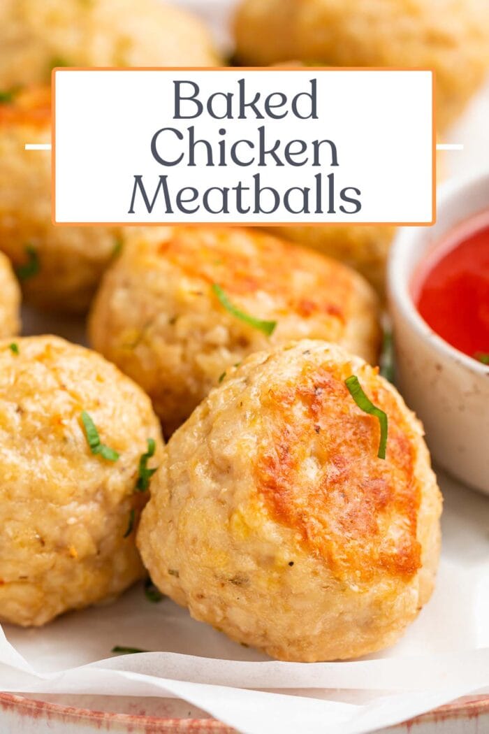 Pin graphic for baked chicken meatballs