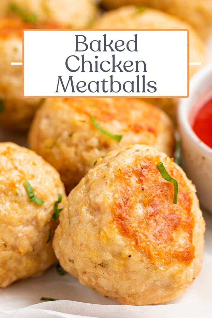 Pin graphic for baked chicken meatballs