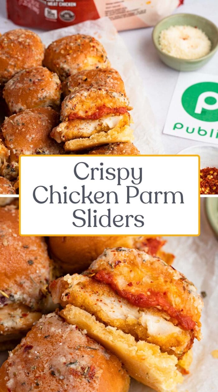 Pin graphic for crispy chicken parm sliders