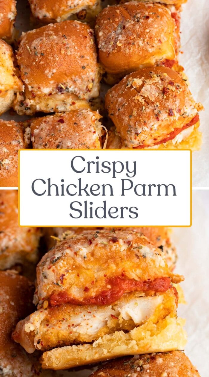 Pin graphic for crispy chicken parm sliders