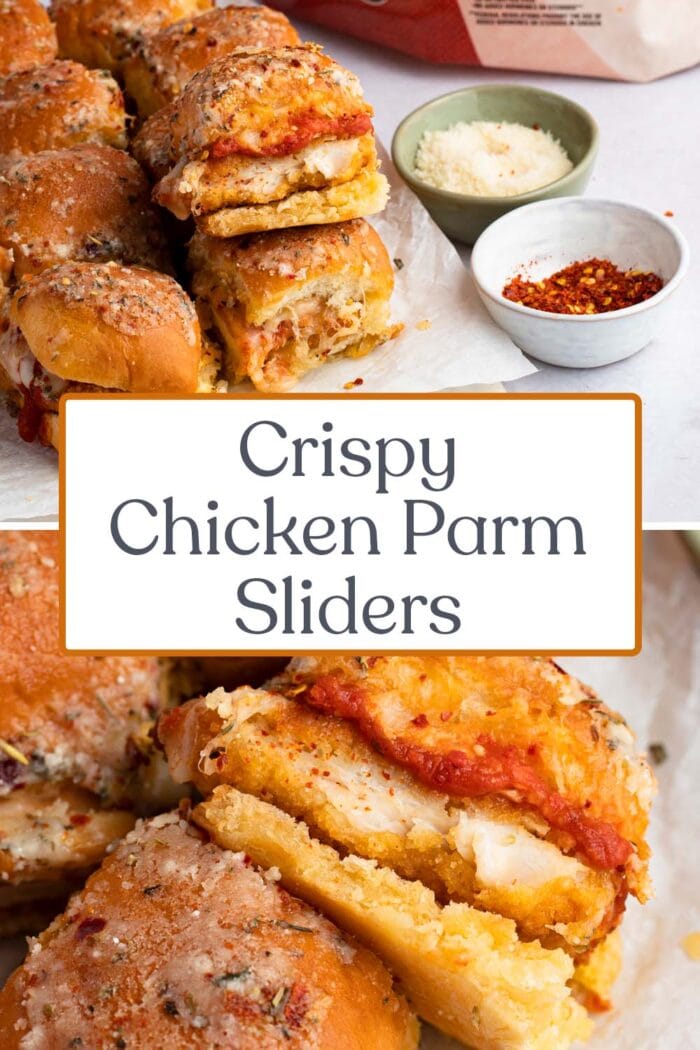 Pin graphic for crispy chicken parm sliders