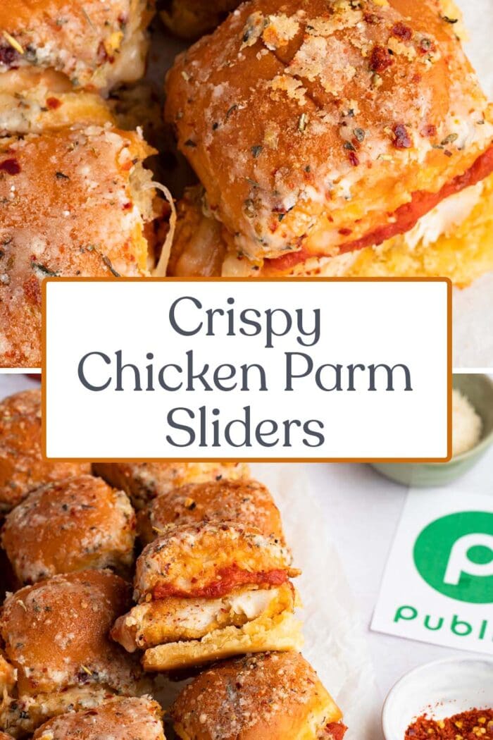 Pin graphic for crispy chicken parm sliders