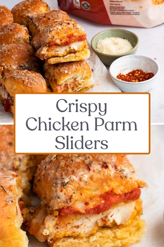 Pin graphic for crispy chicken parm sliders