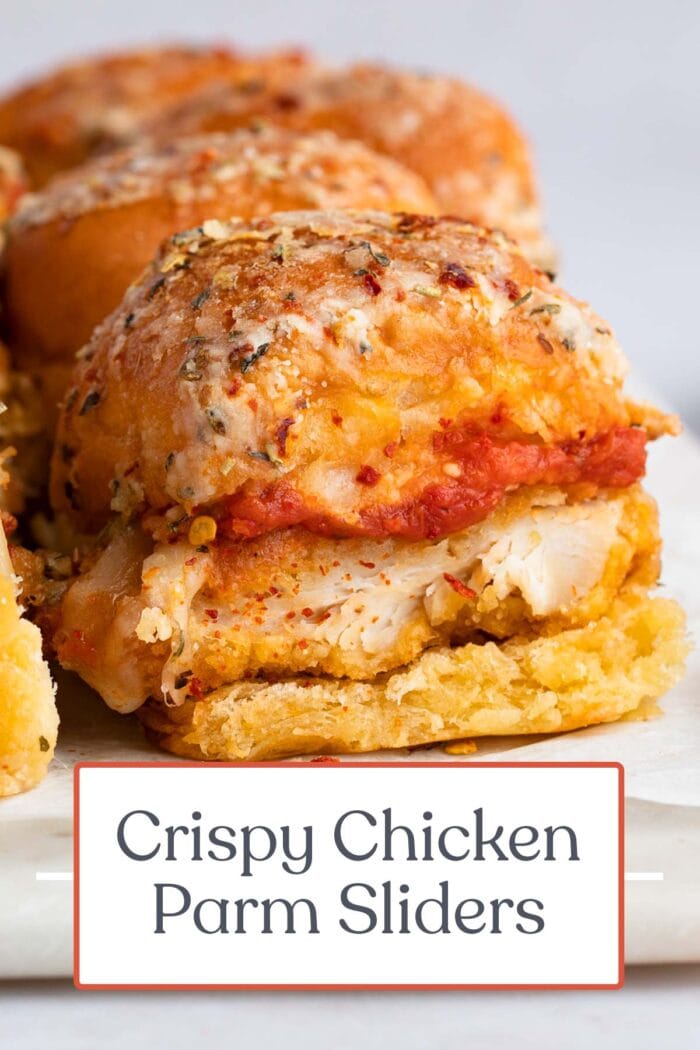 Pin graphic for crispy chicken parm sliders