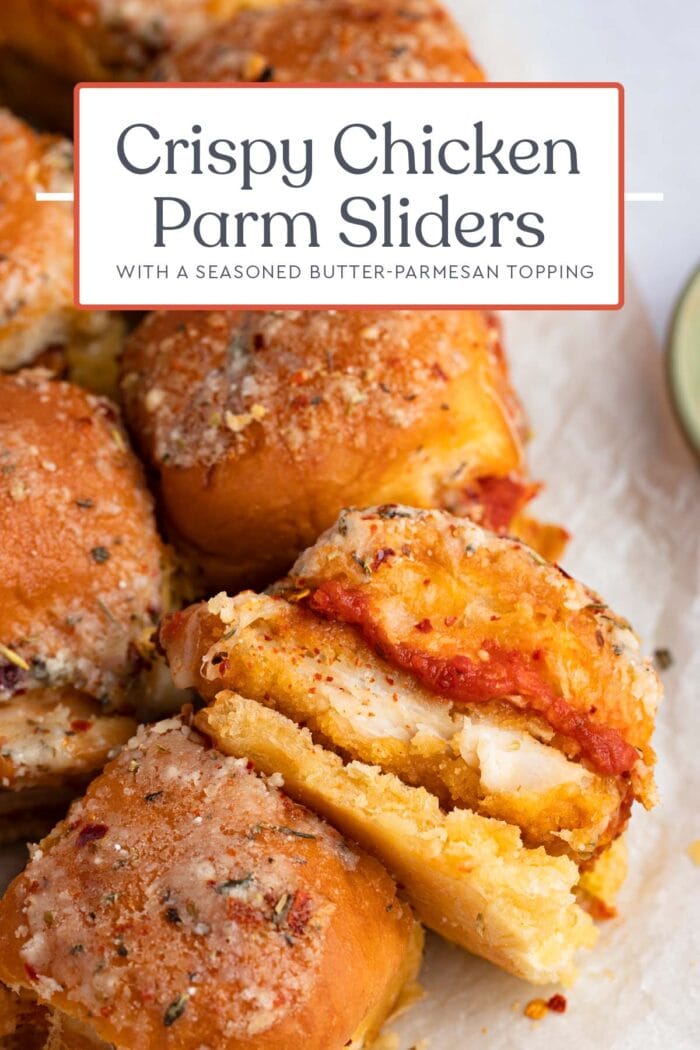 Pin graphic for crispy chicken parm sliders