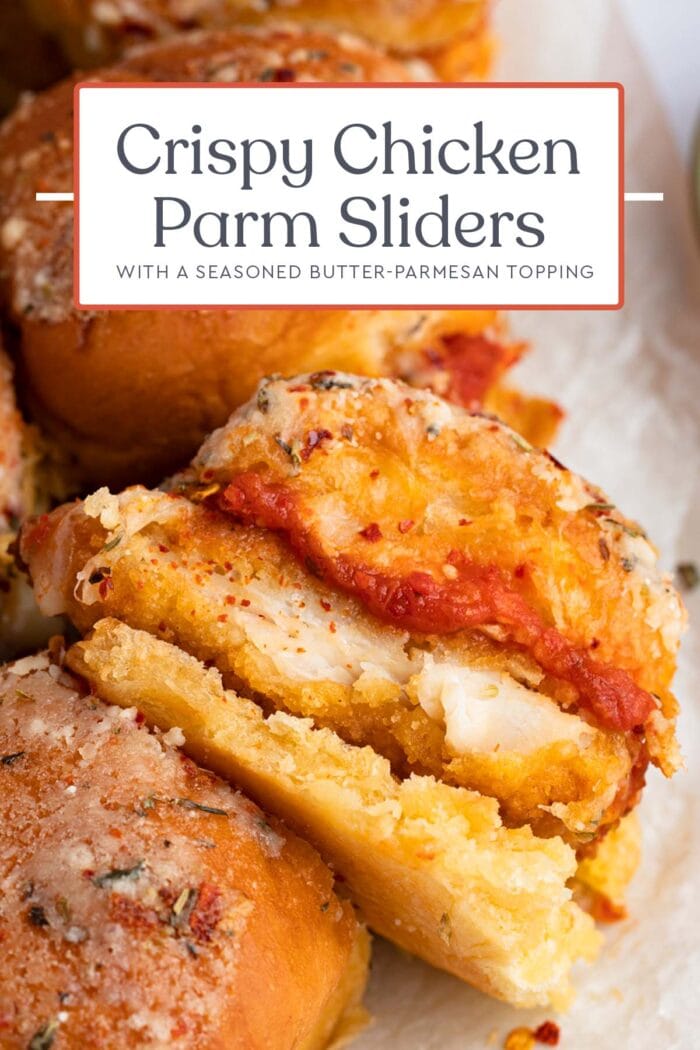 Pin graphic for crispy chicken parm sliders