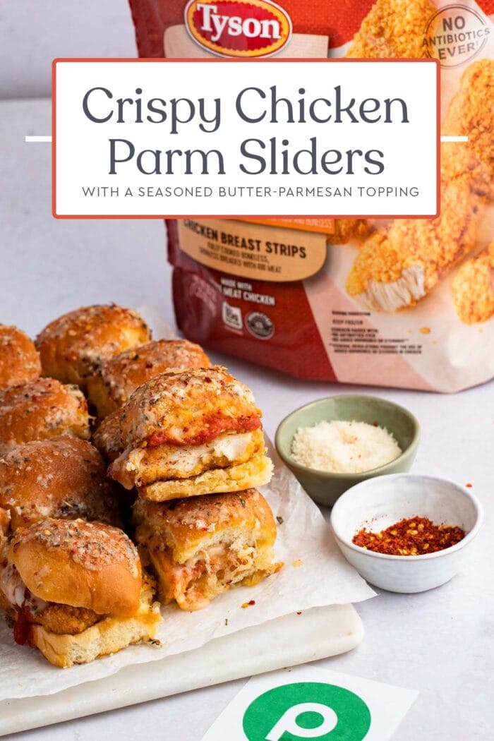 Pin graphic for crispy chicken parm sliders