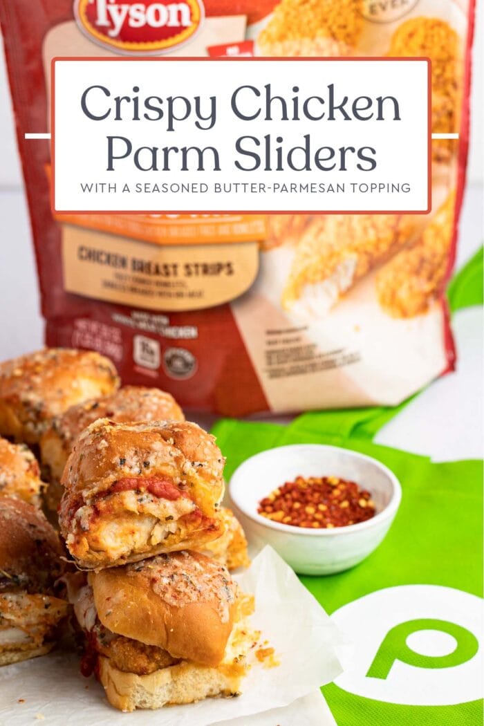 Pin graphic for crispy chicken parm sliders