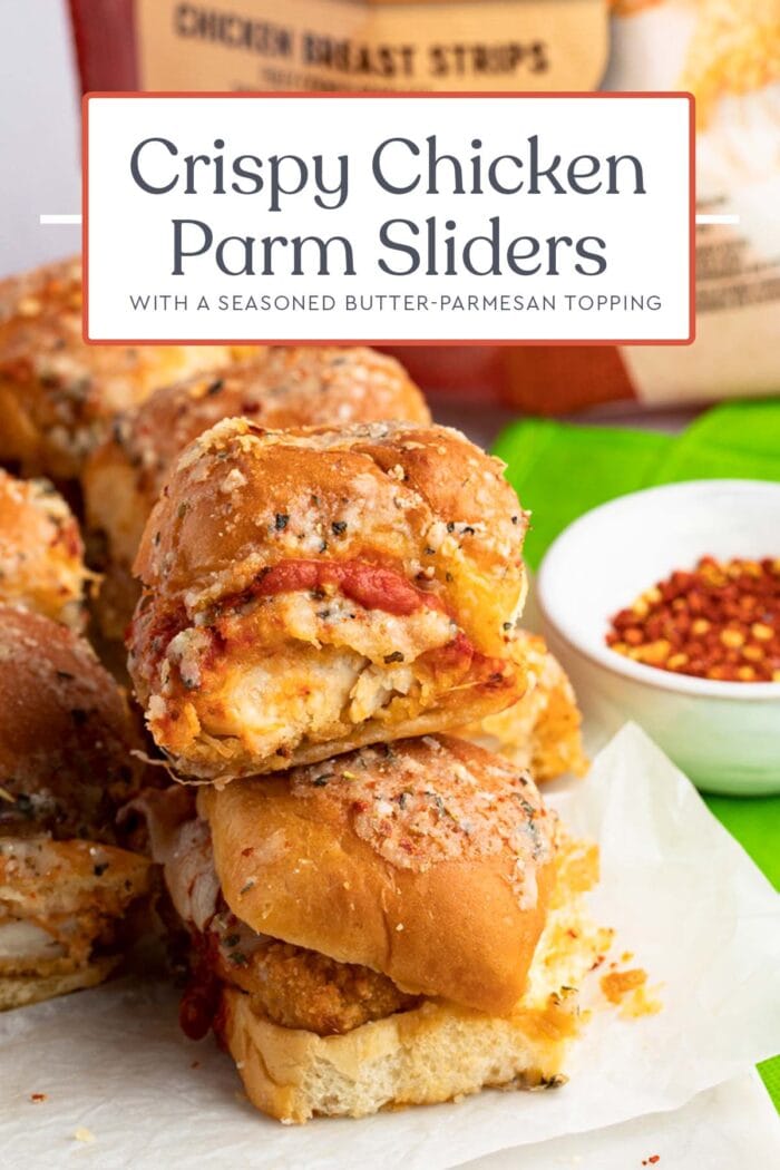 Pin graphic for crispy chicken parm sliders