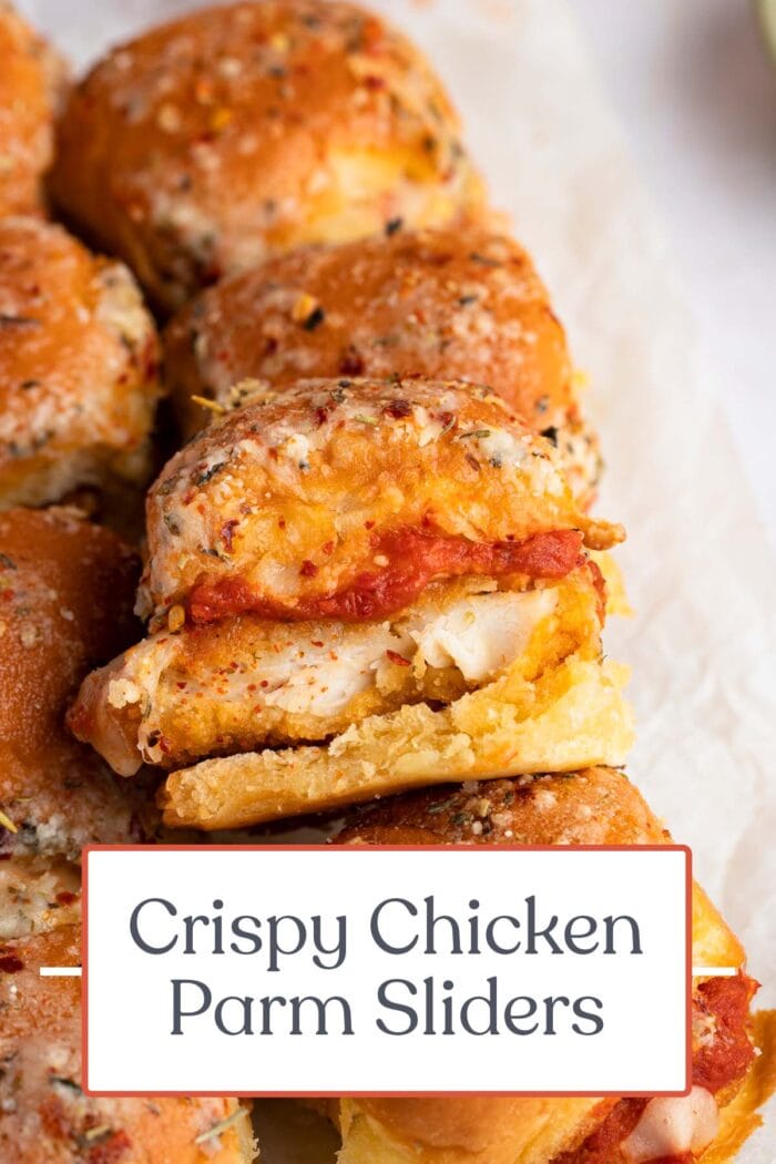 Pin graphic for crispy chicken parm sliders