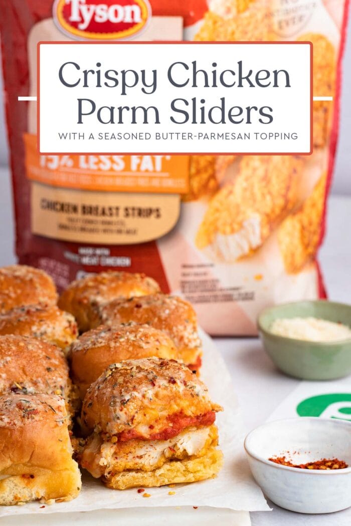 Pin graphic for crispy chicken parm sliders