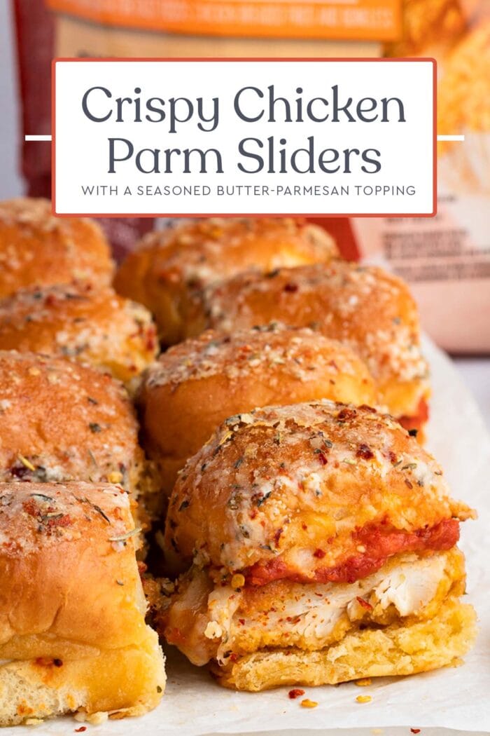 Pin graphic for crispy chicken parm sliders