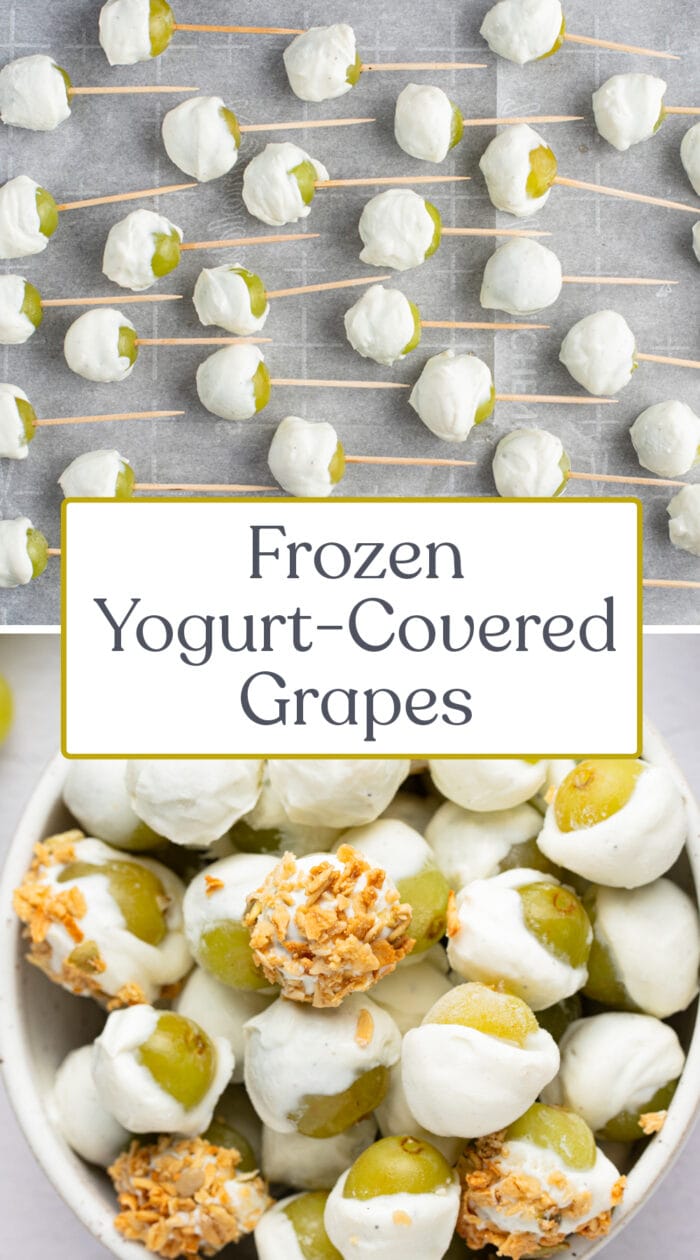 Pin graphic for frozen yogurt-covered grapes