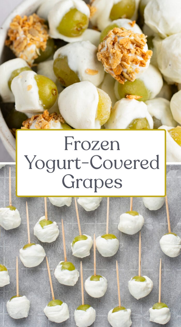 Pin graphic for frozen yogurt-covered grapes