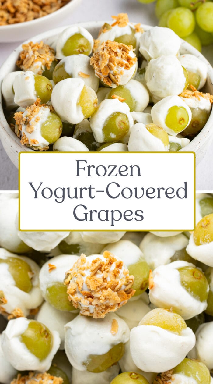 Pin graphic for frozen yogurt-covered grapes