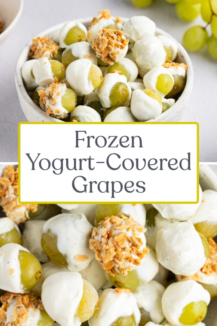 Pin graphic for frozen yogurt-covered grapes