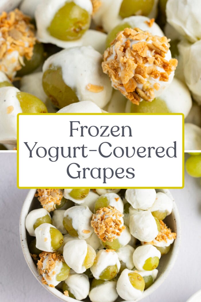 Pin graphic for frozen yogurt-covered grapes